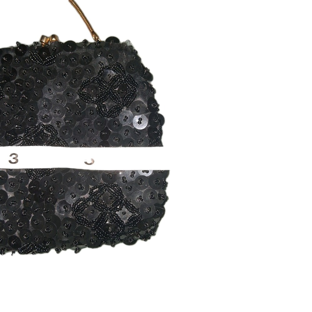 Vintage Black Beaded Sequin Evening Clutch‎ Bag Gold Tone Kiss Lock Hong Kong - Picture 5 of 7